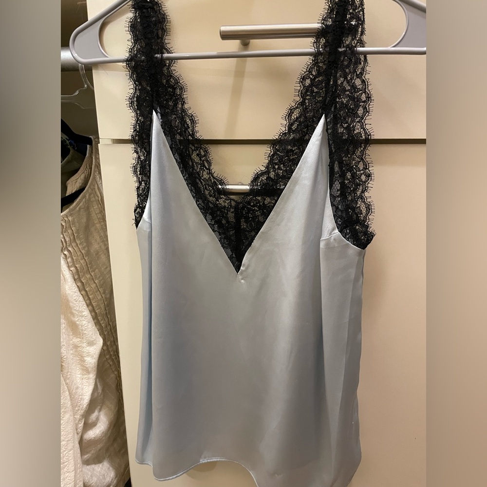 Fleur du Mal Light Blue Satin Tank with Black Lace Trim